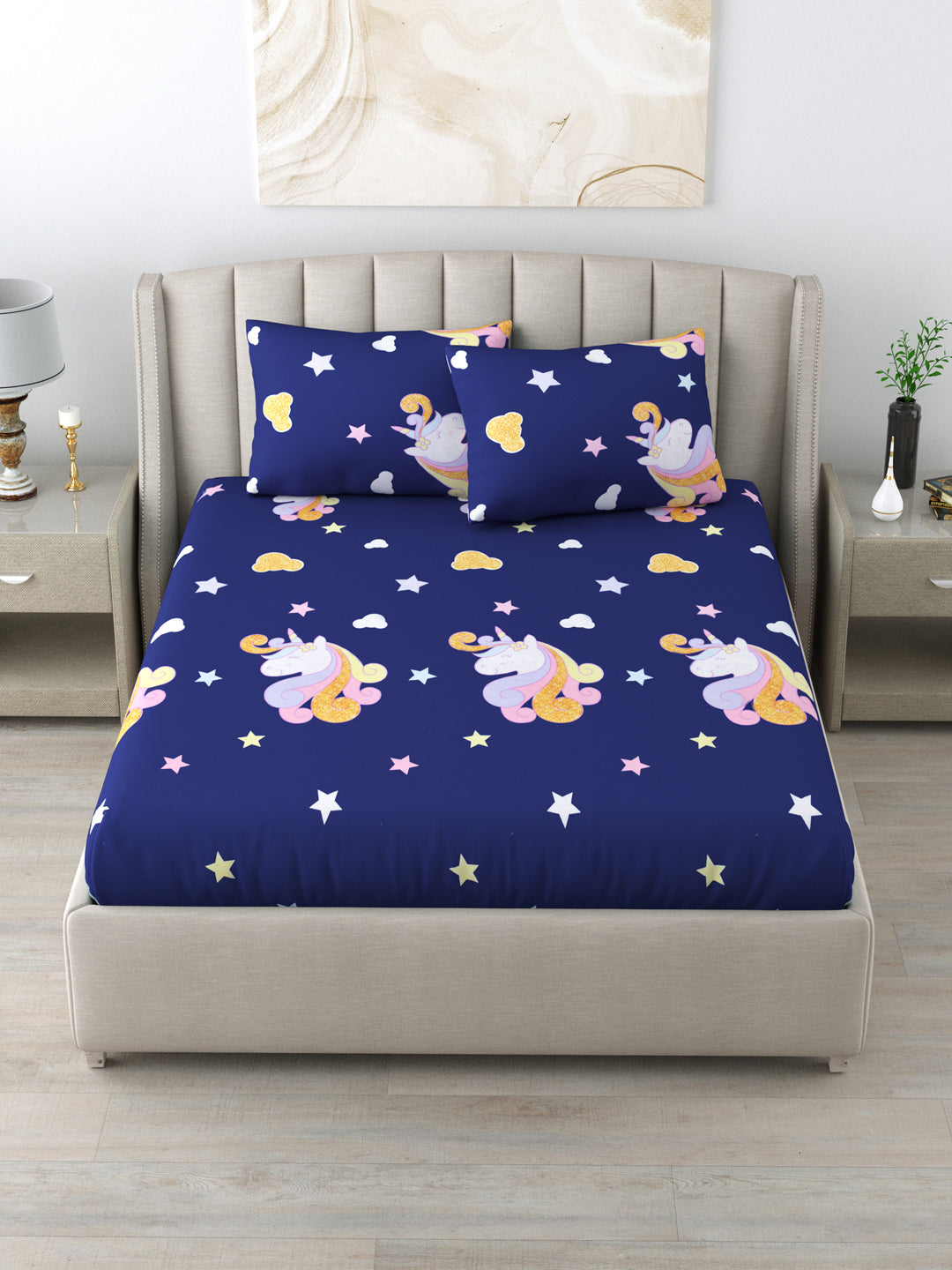 Double Bedsheet Pure Cotton Blue Colour Printed Queen Size Bedsheet With 2 Pillow Cover