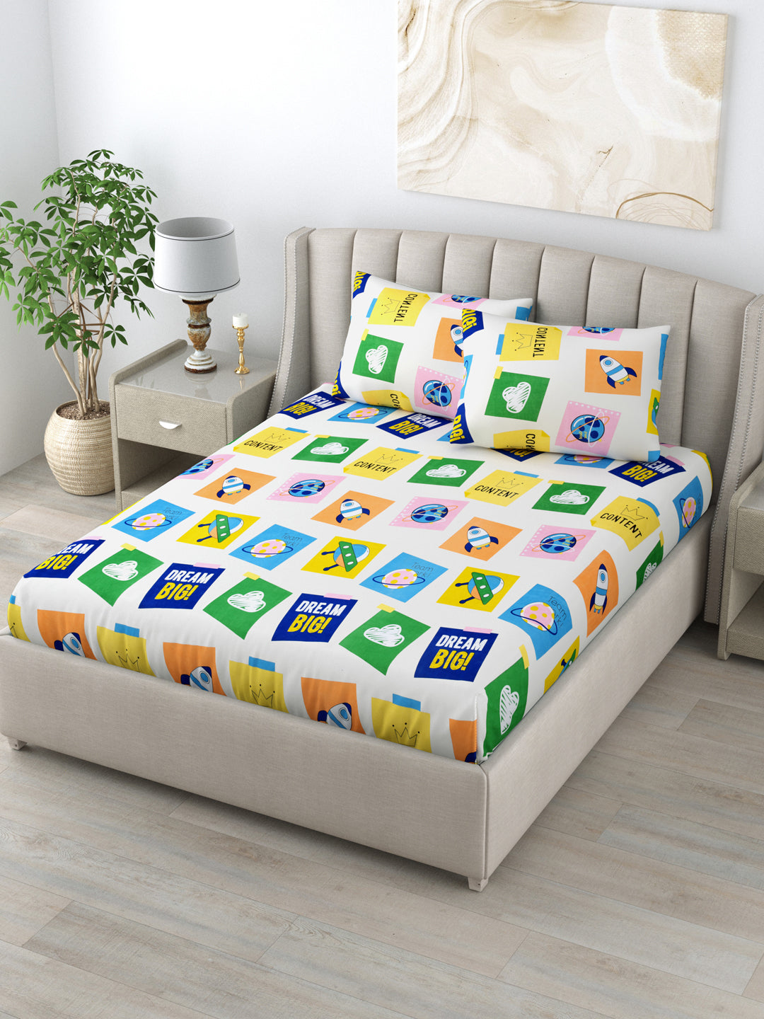 LIVING ROOTS Double Bedsheet Pure Cotton Yellow Colour Printed Queen Size Bedsheet With 2 Pillow Cover (31-170-A)