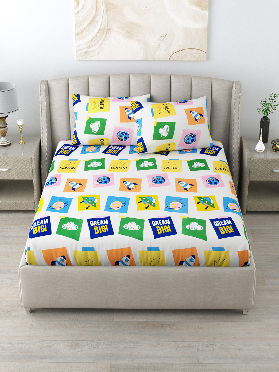 LIVING ROOTS Double Bedsheet Pure Cotton Yellow Colour Printed Queen Size Bedsheet With 2 Pillow Cover (31-170-A)