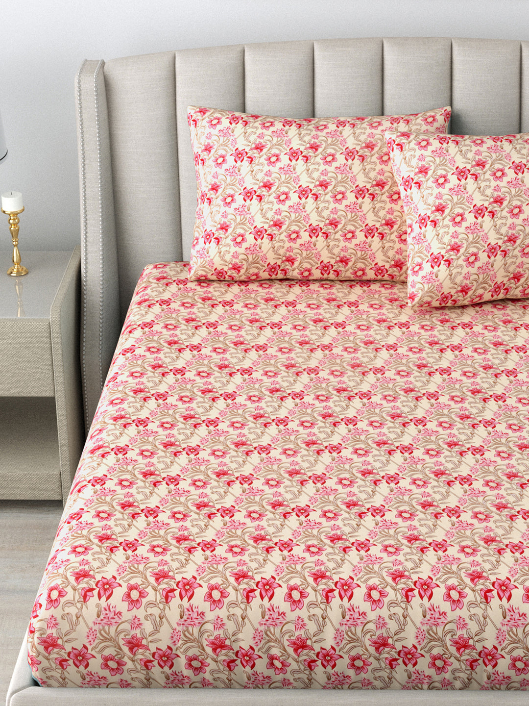 LIVING ROOTS Double Bedsheet Pure Cotton Pink Colour Flower Print Queen Size Bedsheet With 2 Pillow Cover (31-172-A)