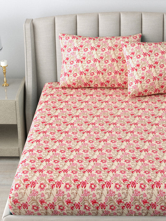 LIVING ROOTS Double Bedsheet Pure Cotton Pink Colour Flower Print Queen Size Bedsheet With 2 Pillow Cover (31-172-A)