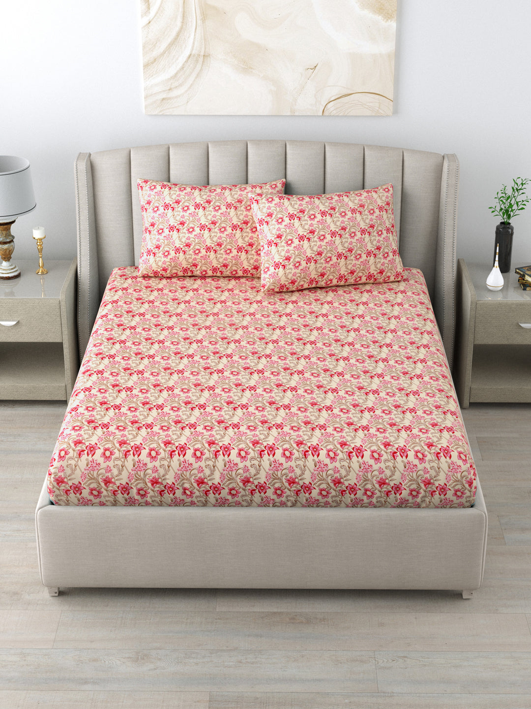 LIVING ROOTS Double Bedsheet Pure Cotton Pink Colour Flower Print Queen Size Bedsheet With 2 Pillow Cover (31-172-A)