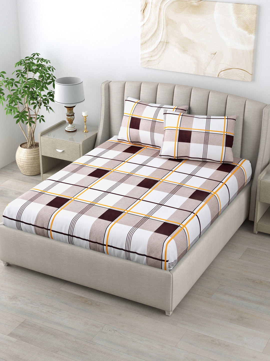 Double Bedsheet Pure Cotton Checks Print Queen Size With 2 pillow Covers