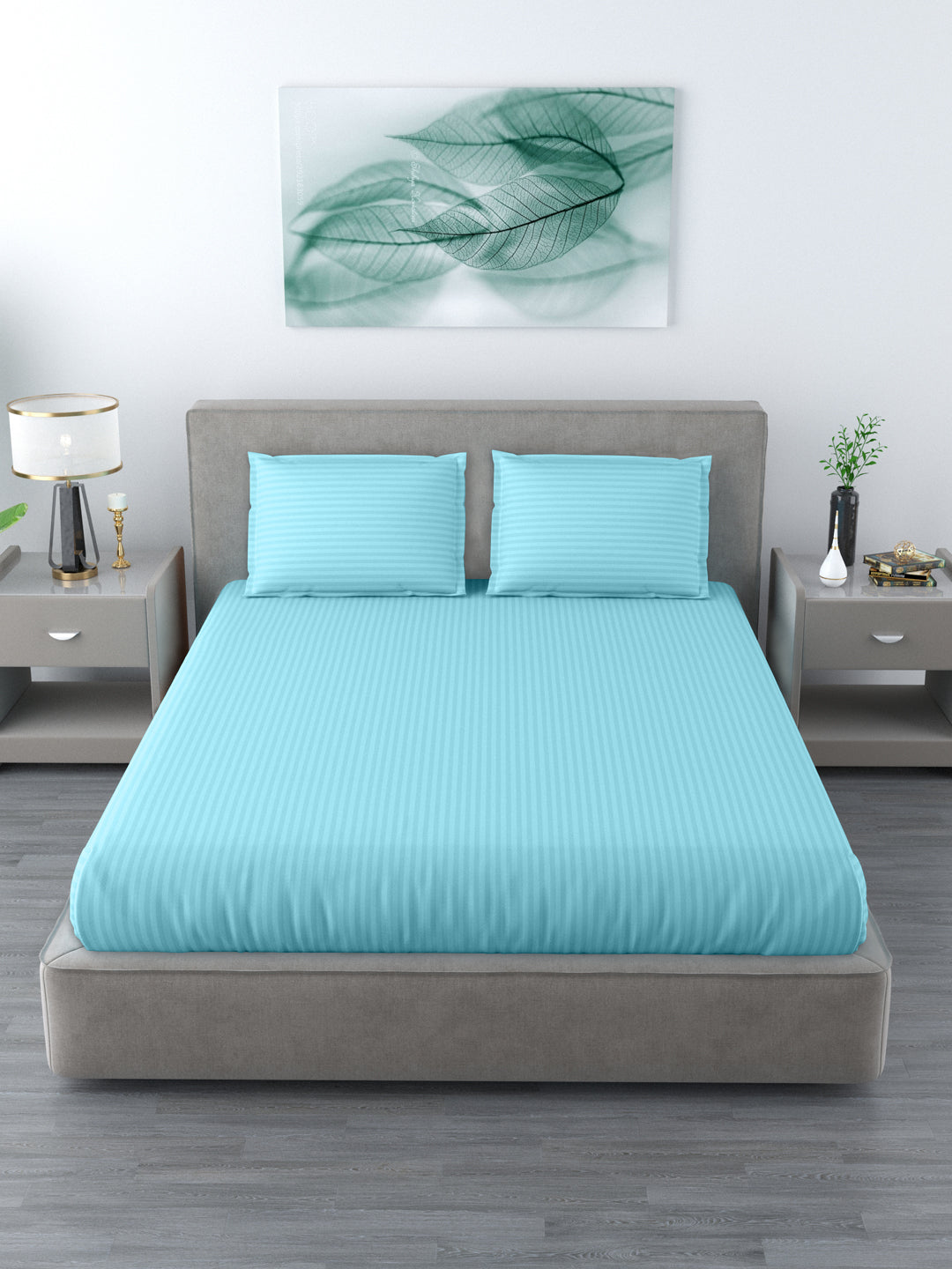 King Size Double Bedsheet Glace Cotton 300 TC Satin Striped With 2 Pillow Cover Sky Blue Colour