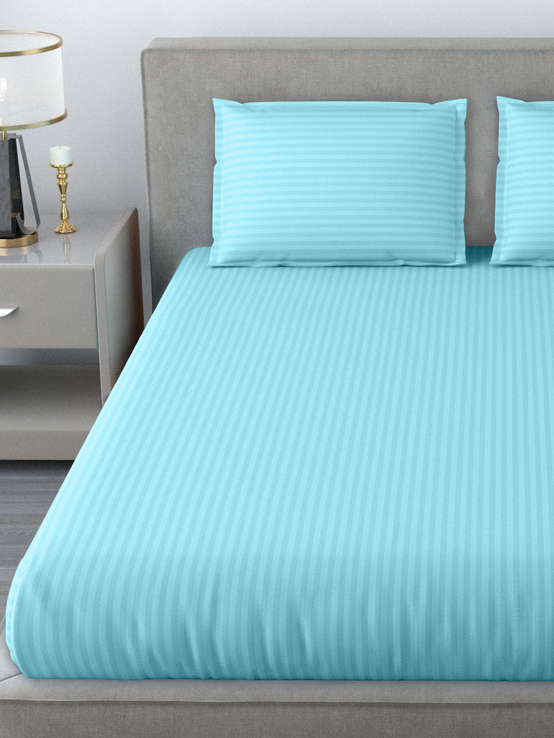 King Size Double Bedsheet Glace Cotton 300 TC Satin Striped With 2 Pillow Cover Sky Blue Colour