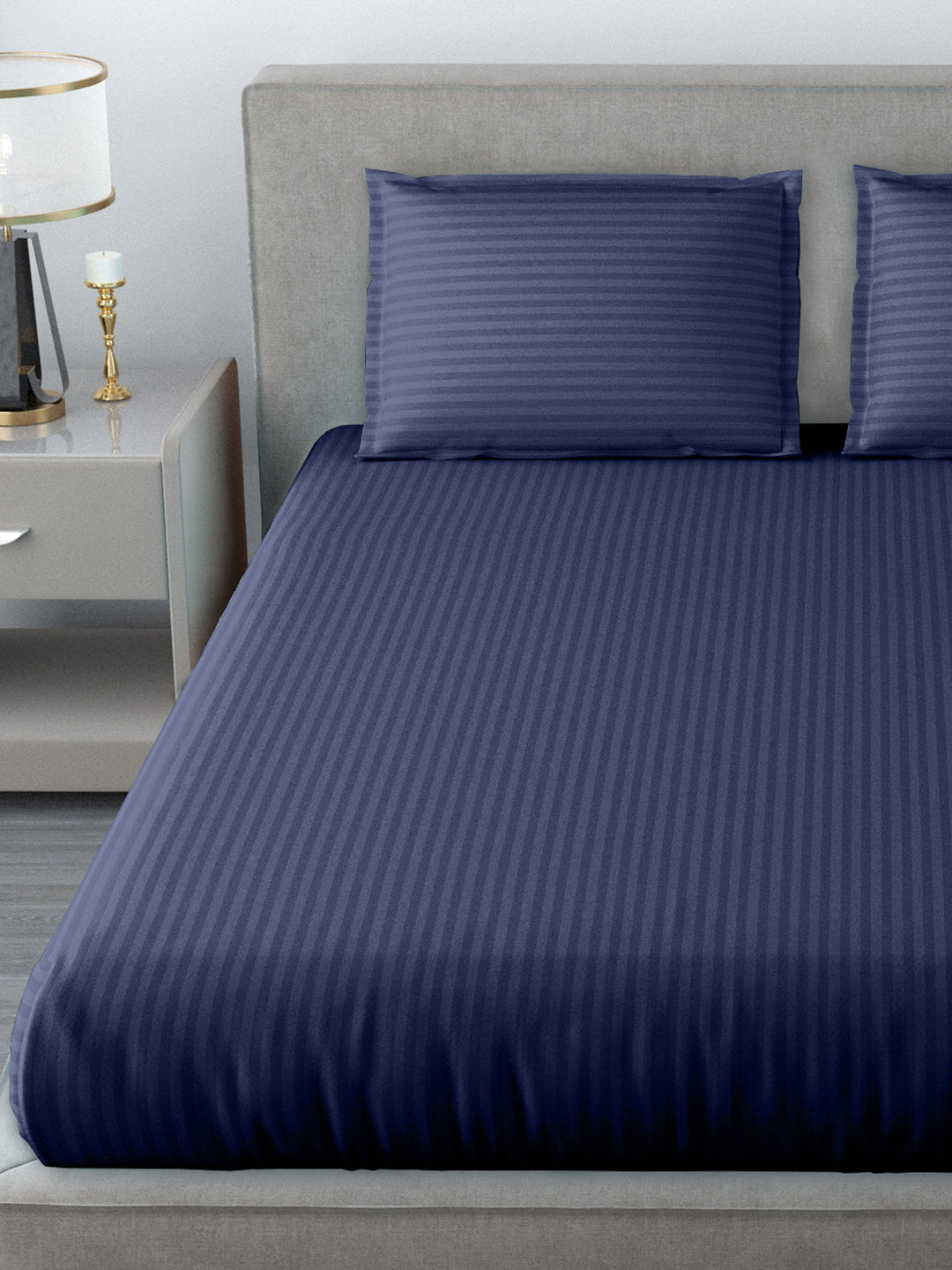 LIVING ROOTS King Size Double Bedsheet Glace Cotton 300 TC Satin Striped With 2 Pillow Cover Blue Colour (31-174-D)