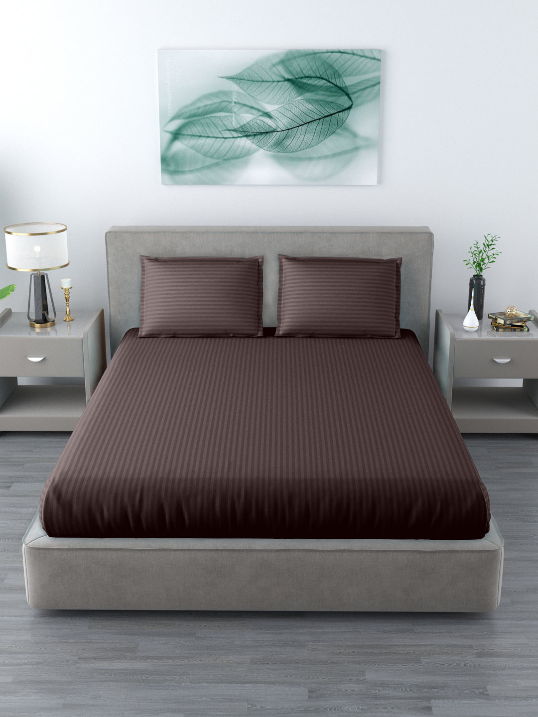 LIVING ROOTS King Size Double Bedsheet Glace Cotton 300 TC Satin Striped With 2 Pillow Cover Brown Colour (31-174-F)
