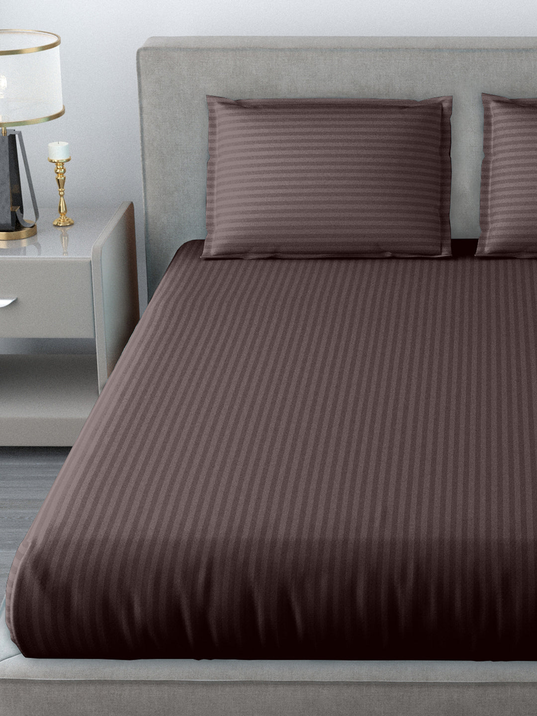 King Size Double Bedsheet Glace Cotton 300 TC Satin Striped With 2 Pillow Cover Brown Colour