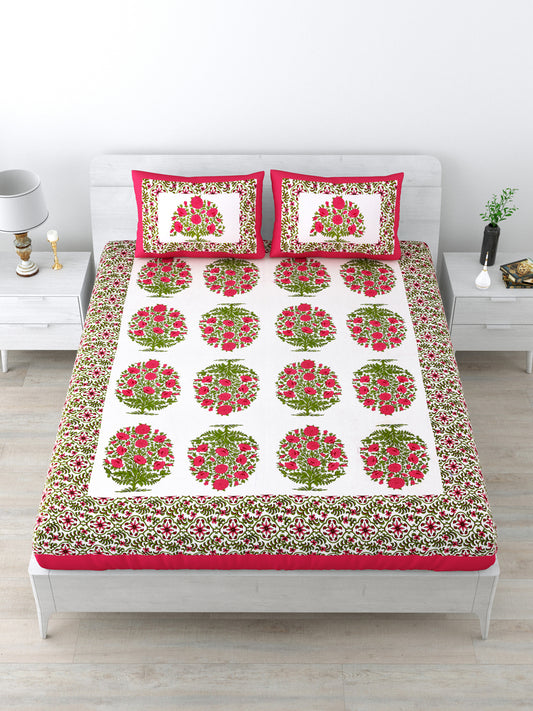 Queen Size Double Bedsheet Pure Cotton Fabric Pink Colour Flower Print  with 2 Pillow Covers