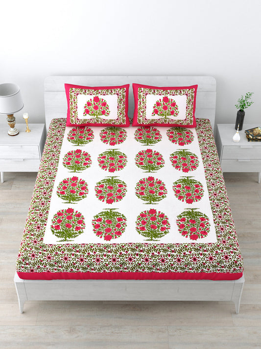 LIVING ROOTS Queen Size Double Bedsheet Pure Cotton Fabric Pink Colour Flower Print  with 2 Pillow Covers (31-175-B)