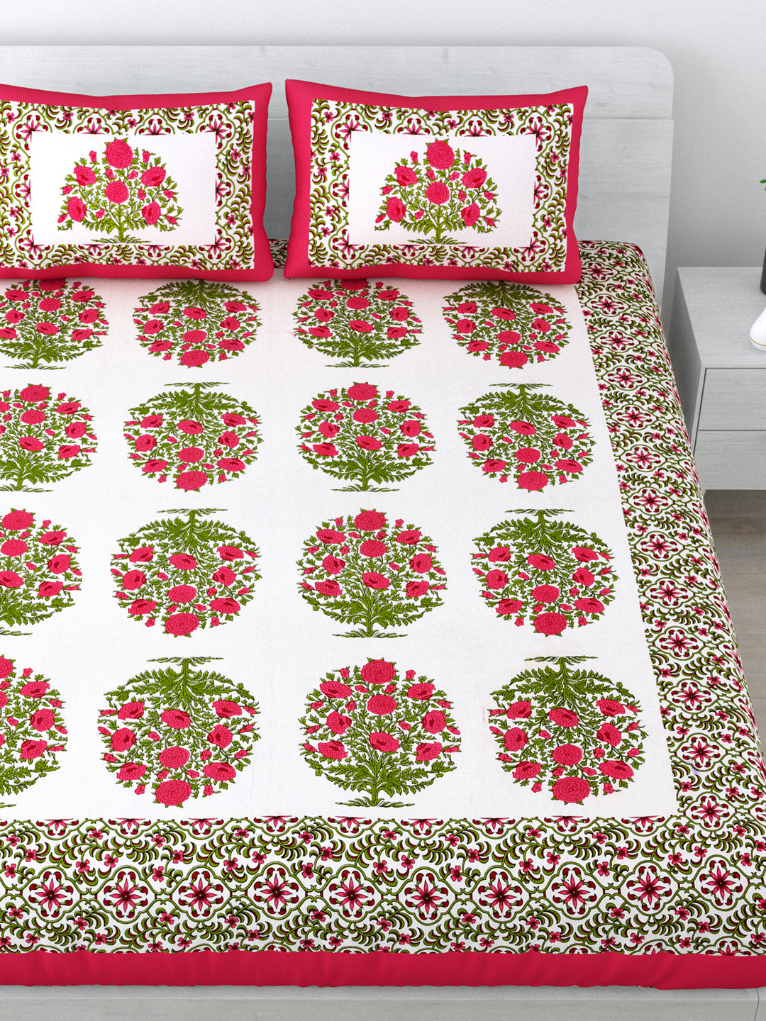 Queen Size Double Bedsheet Pure Cotton Fabric Pink Colour Flower Print  with 2 Pillow Covers