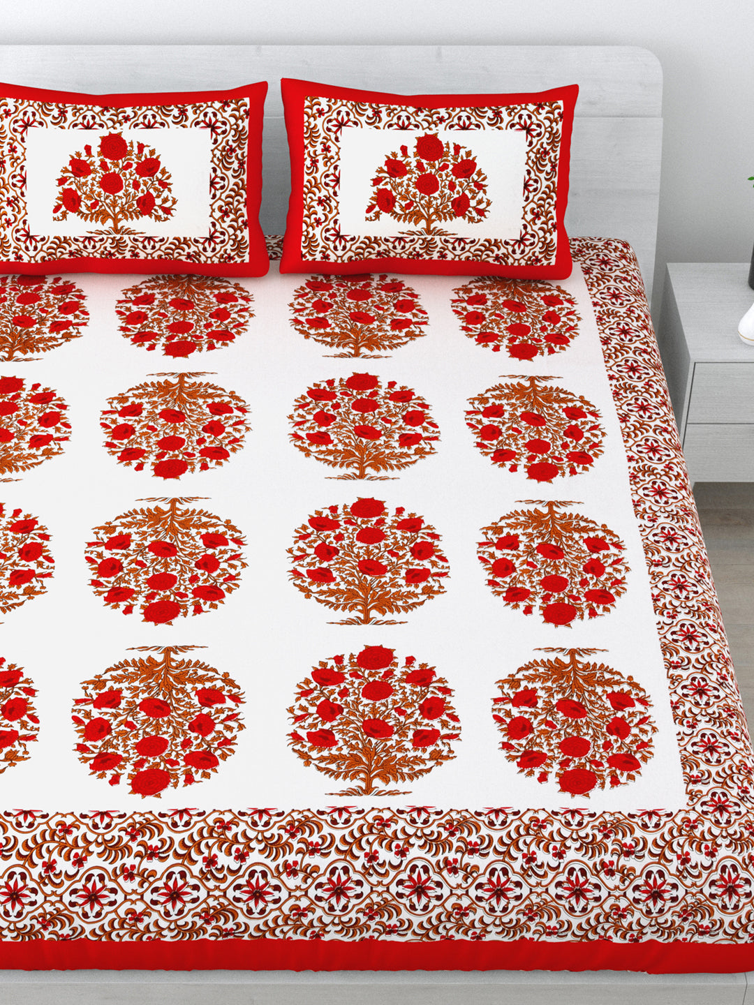 Queen Size Double Bedsheet Pure Cotton Fabric Red Colour Flower Print  with 2 Pillow Covers