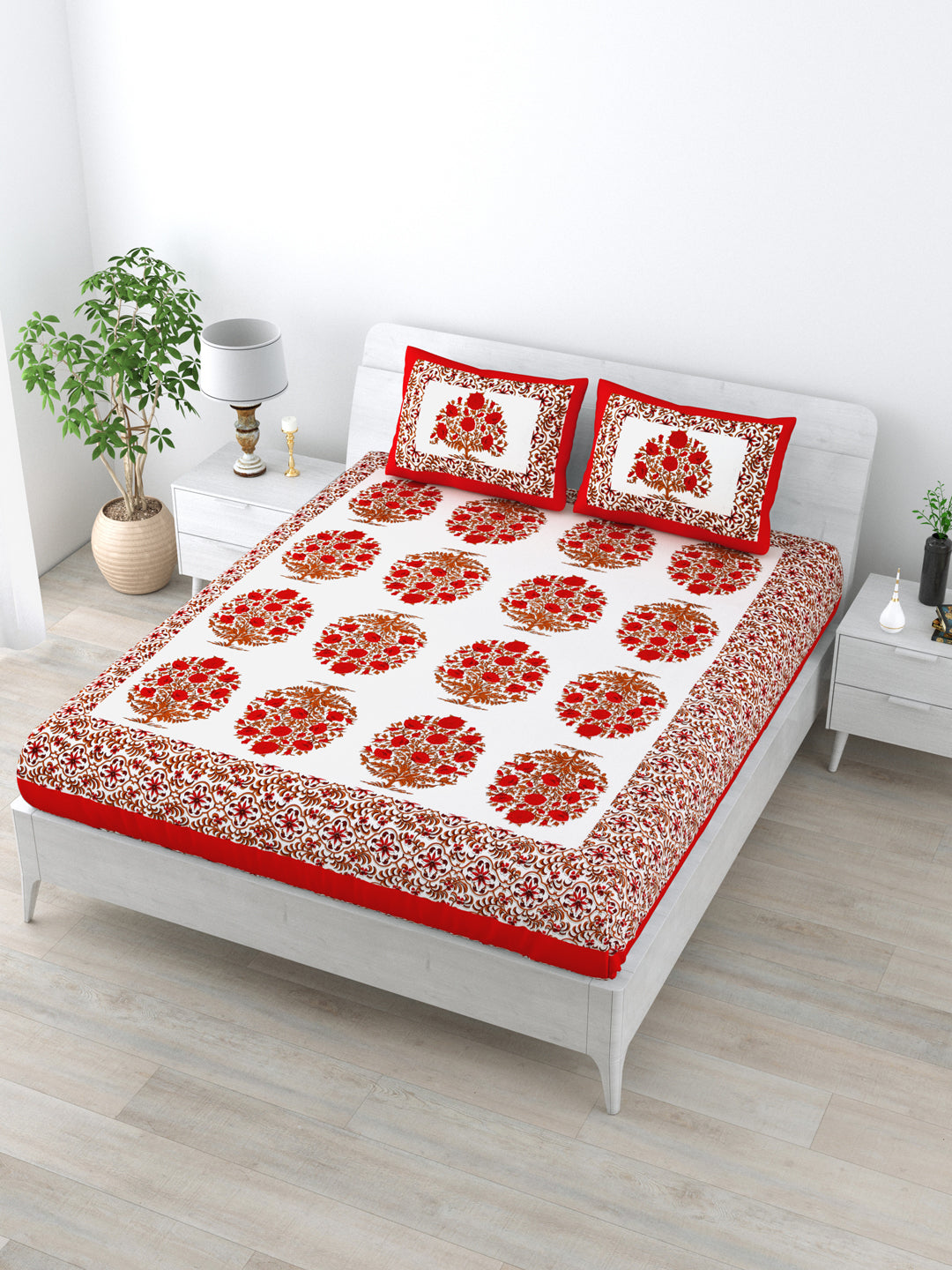 Copy of Queen Size Double Bedsheet Pure Cotton Fabric Red Colour Flower Print  with 2 Pillow Covers