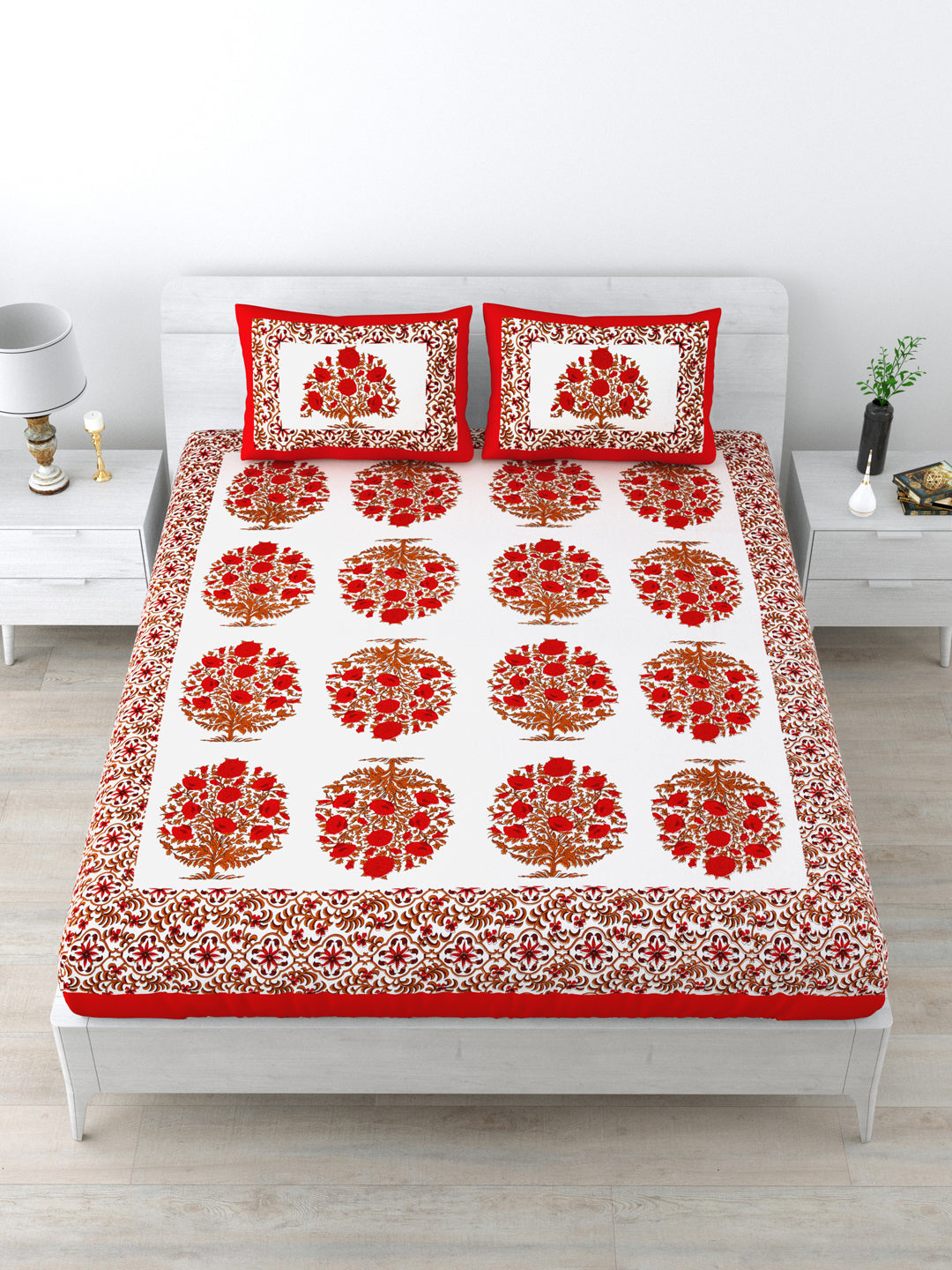 LIVING ROOTS Queen Size Double Bedsheet Pure Cotton Fabric Red Colour Flower Print  with 2 Pillow Covers (31-175-C)