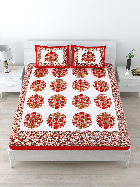 Queen Size Double Bedsheet Pure Cotton Fabric Red Colour Flower Print  with 2 Pillow Covers