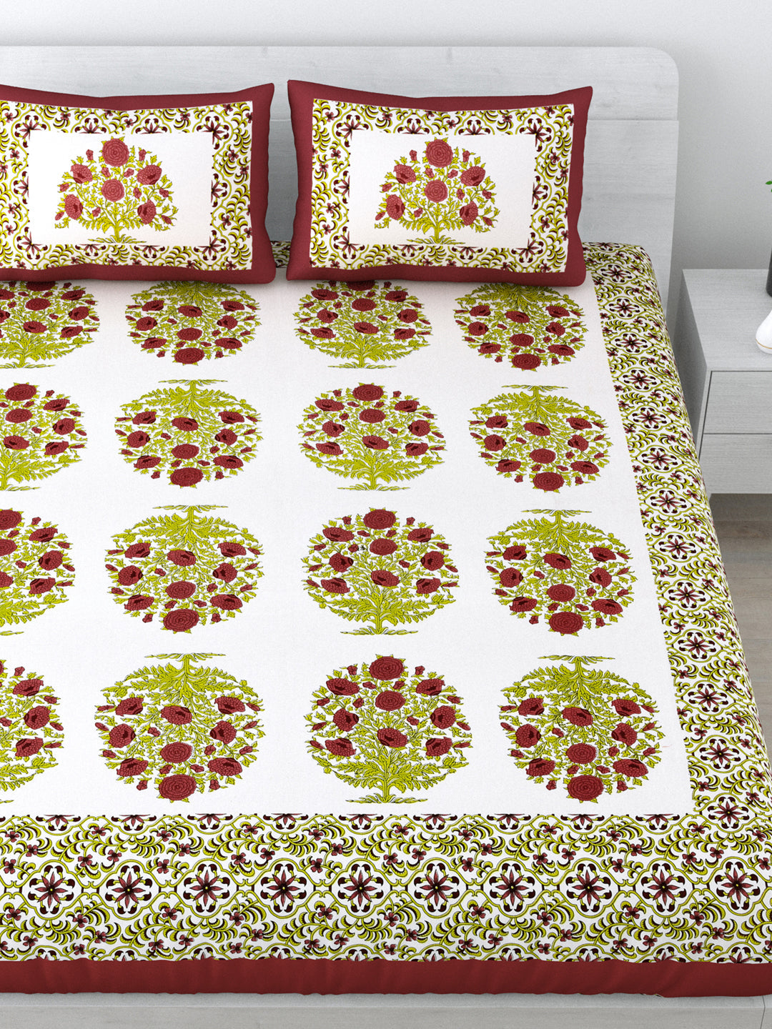 Queen Size Double Bedsheet Pure Cotton Fabric Green Colour Flower Print  with 2 Pillow Covers