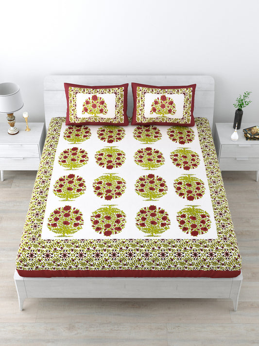 Queen Size Double Bedsheet Pure Cotton Fabric Green Colour Flower Print  with 2 Pillow Covers