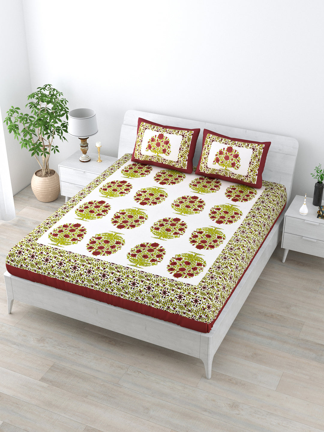 Queen Size Double Bedsheet Pure Cotton Fabric Green Colour Flower Print  with 2 Pillow Covers