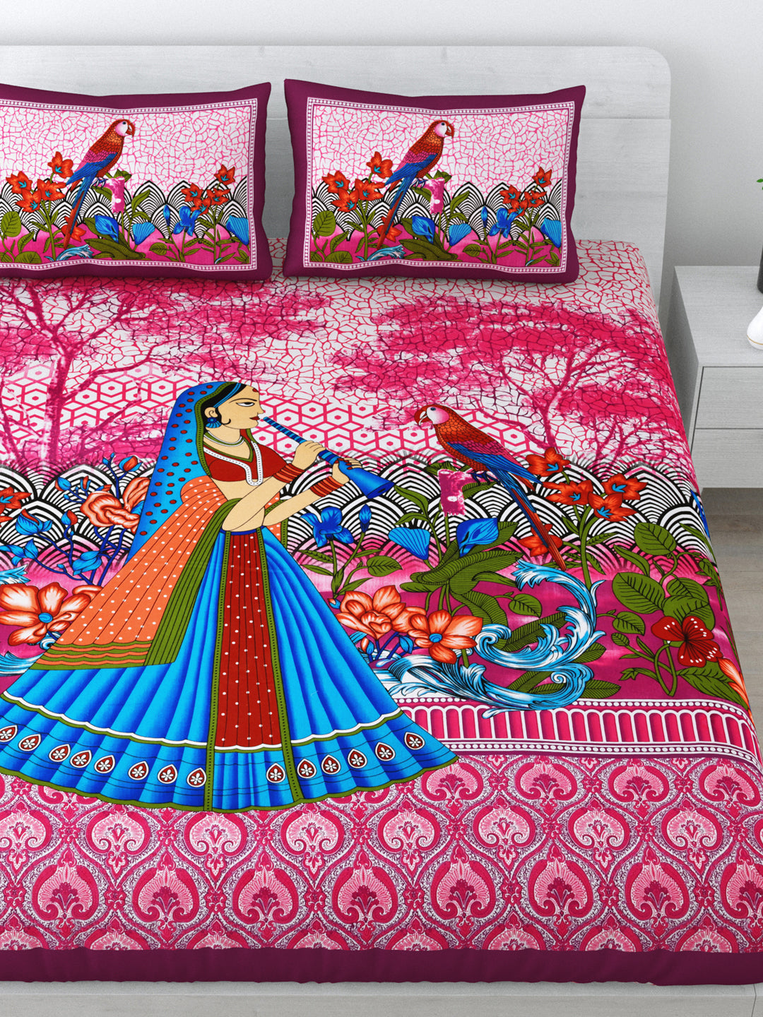 Queen Size Double Bedsheet Pure Cotton Fabric Pink Colour Sanganeri Print with 2 Pillow Covers