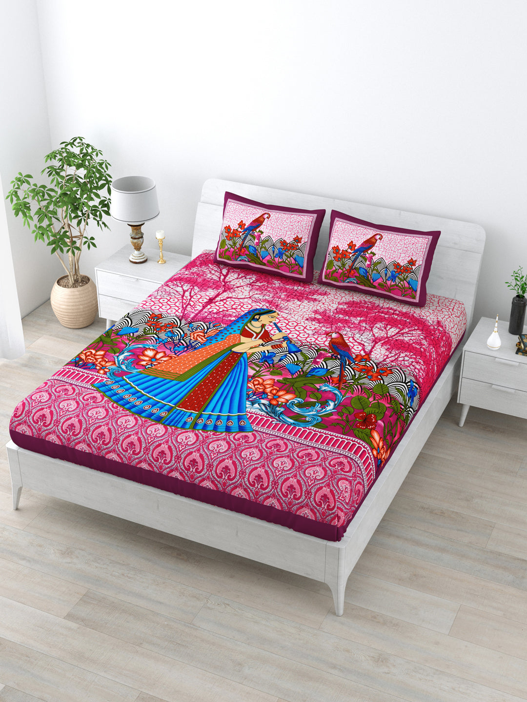 Queen Size Double Bedsheet Pure Cotton Fabric Pink Colour Sanganeri Print with 2 Pillow Covers