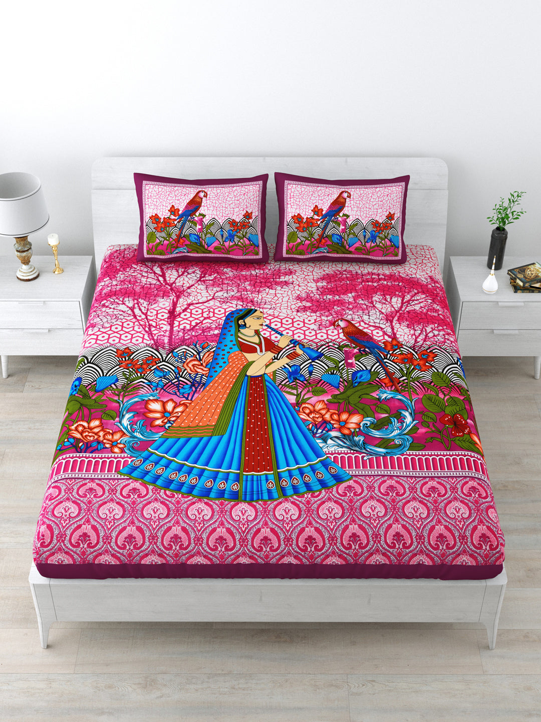 Queen Size Double Bedsheet Pure Cotton Fabric Pink Colour Sanganeri Print with 2 Pillow Covers