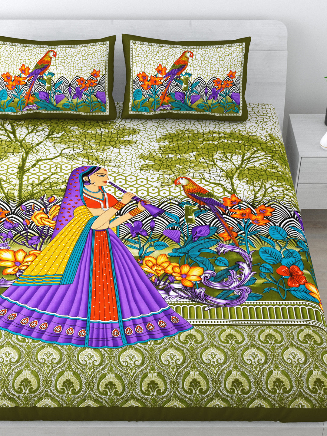 Queen Size Double Bedsheet Pure Cotton Fabric Green Colour Sanganeri Print with 2 Pillow Covers