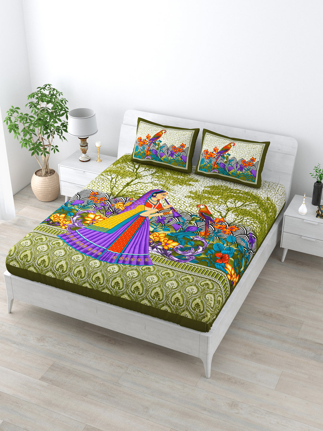 Queen Size Double Bedsheet Pure Cotton Fabric Green Colour Sanganeri Print with 2 Pillow Covers