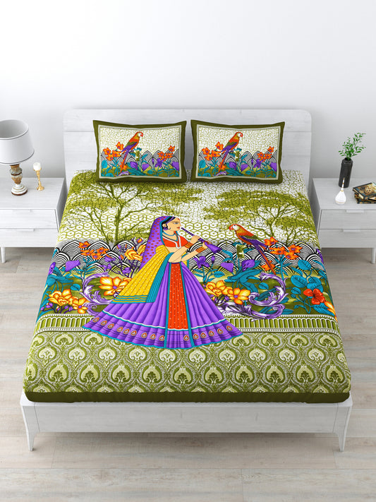 Queen Size Double Bedsheet Pure Cotton Fabric Green Colour Sanganeri Print with 2 Pillow Covers