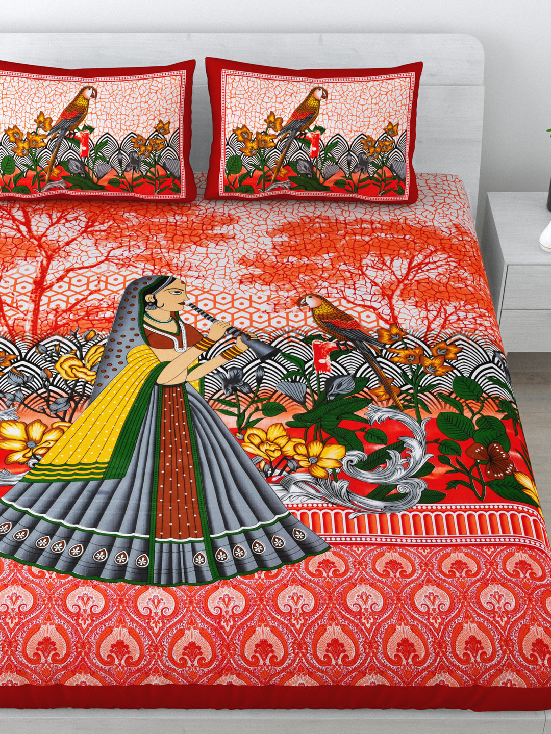 Queen Size Double Bedsheet Pure Cotton Fabric Red Colour Sanganeri Print with 2 Pillow Covers