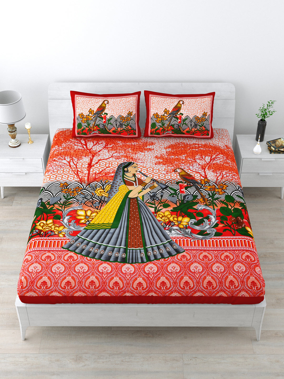 Queen Size Double Bedsheet Pure Cotton Fabric Red Colour Sanganeri Print with 2 Pillow Covers