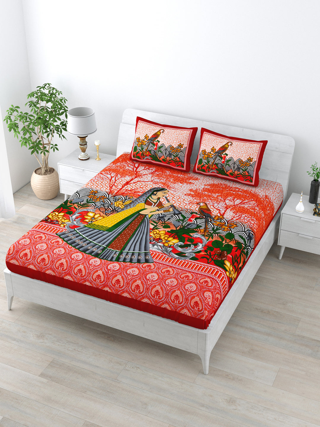 Queen Size Double Bedsheet Pure Cotton Fabric Red Colour Sanganeri Print with 2 Pillow Covers