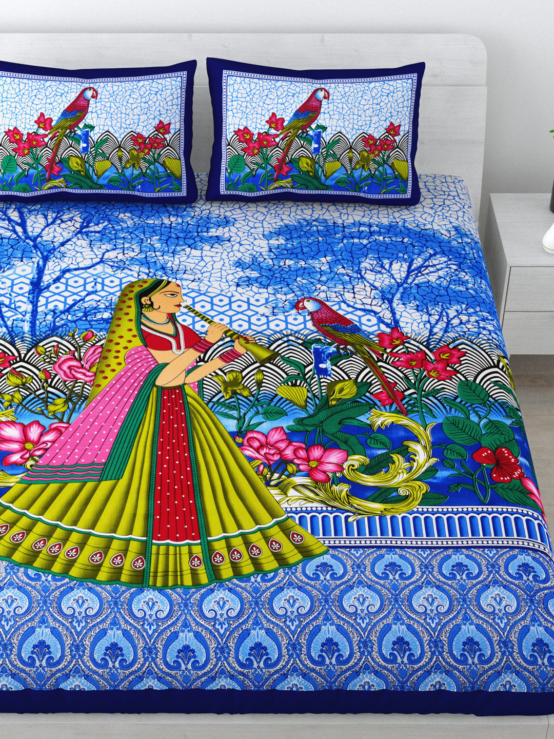 Queen Size Double Bedsheet Pure Cotton Fabric Blue Colour Sanganeri Print with 2 Pillow Covers