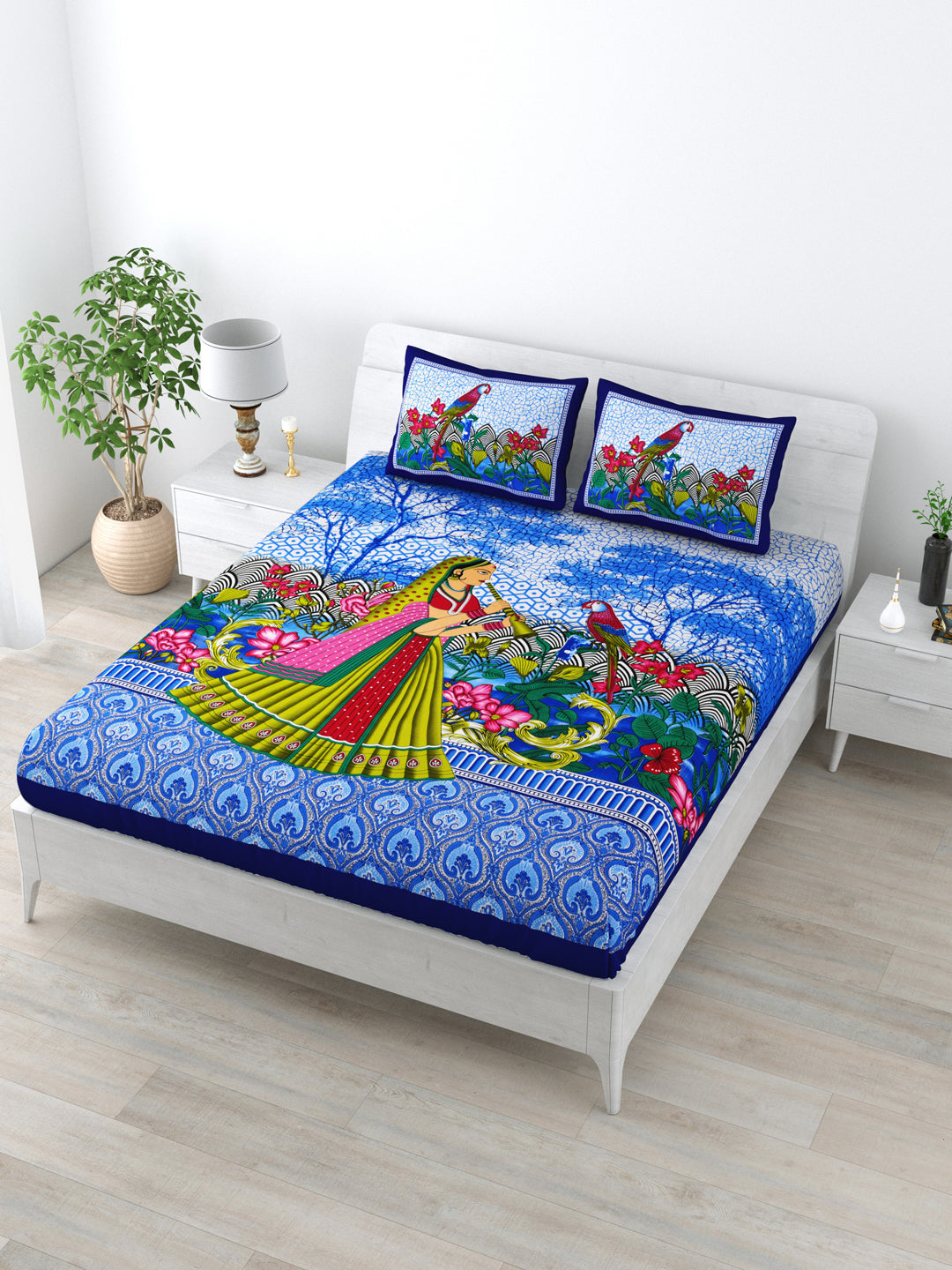 Queen Size Double Bedsheet Pure Cotton Fabric Blue Colour Sanganeri Print with 2 Pillow Covers