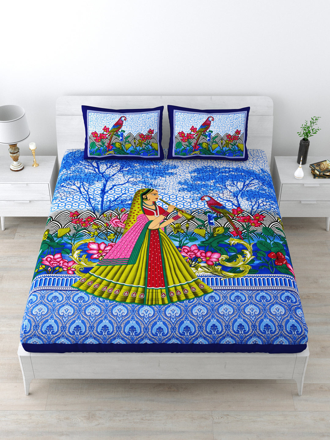 Queen Size Double Bedsheet Pure Cotton Fabric Blue Colour Sanganeri Print with 2 Pillow Covers