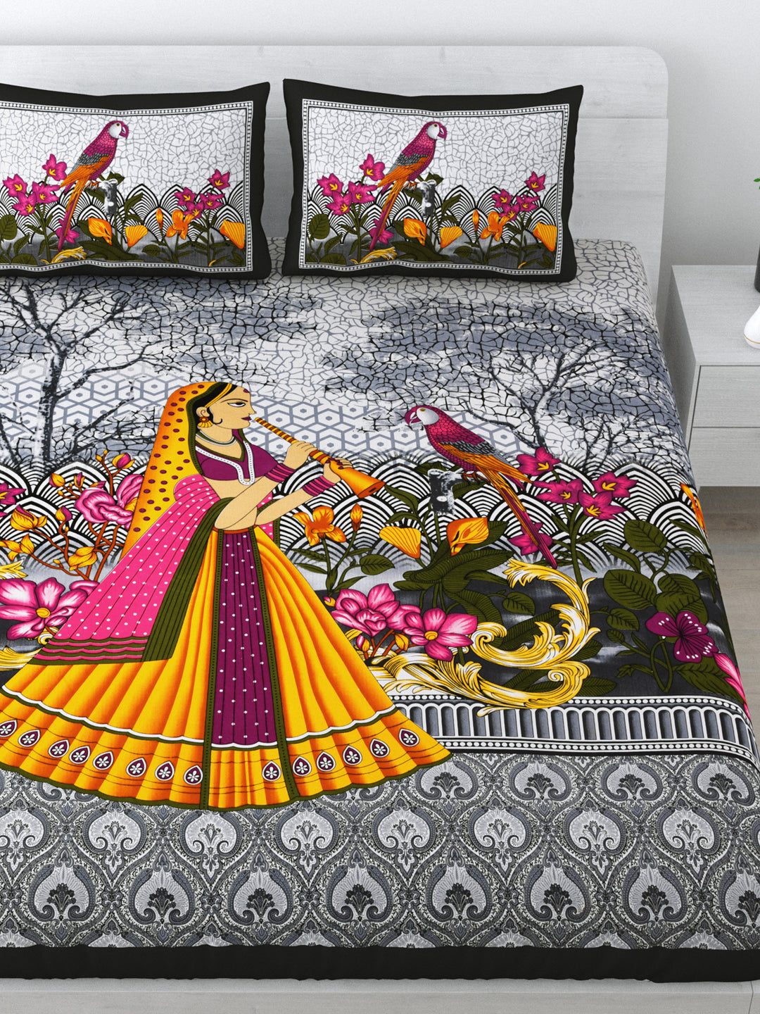 LIVING ROOTS Queen Size Double Bedsheet Pure Cotton Fabric Black Colour Sanganeri Print with 2 Pillow Covers (31-176-E)