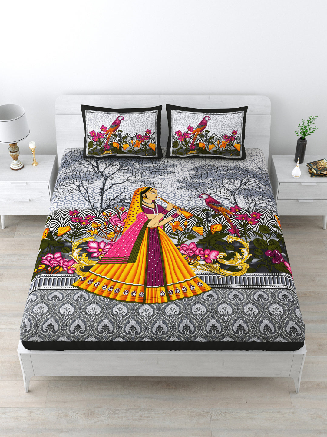 Queen Size Double Bedsheet Pure Cotton Fabric Black Colour Sanganeri Print with 2 Pillow Covers