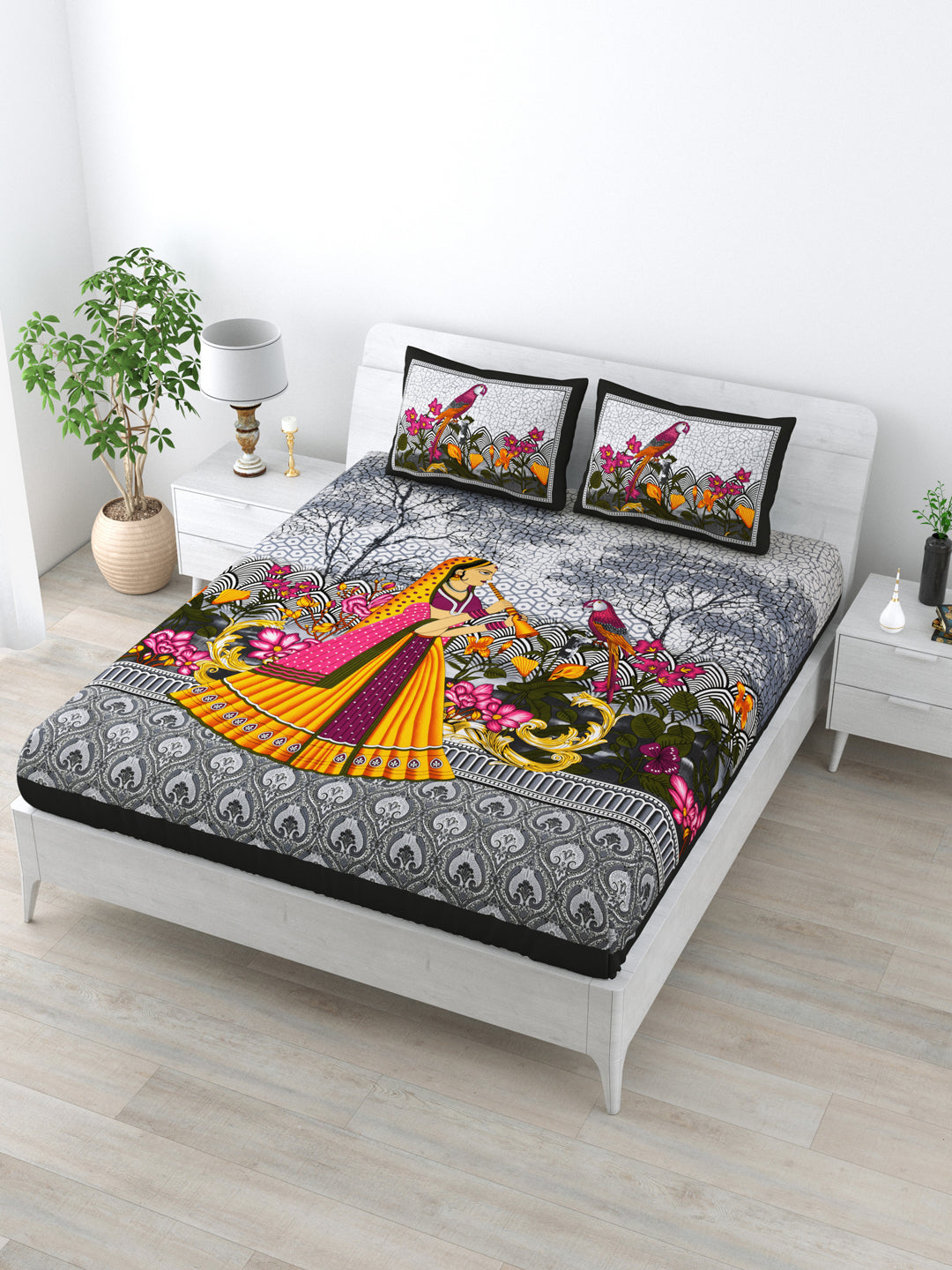 Queen Size Double Bedsheet Pure Cotton Fabric Black Colour Sanganeri Print with 2 Pillow Covers