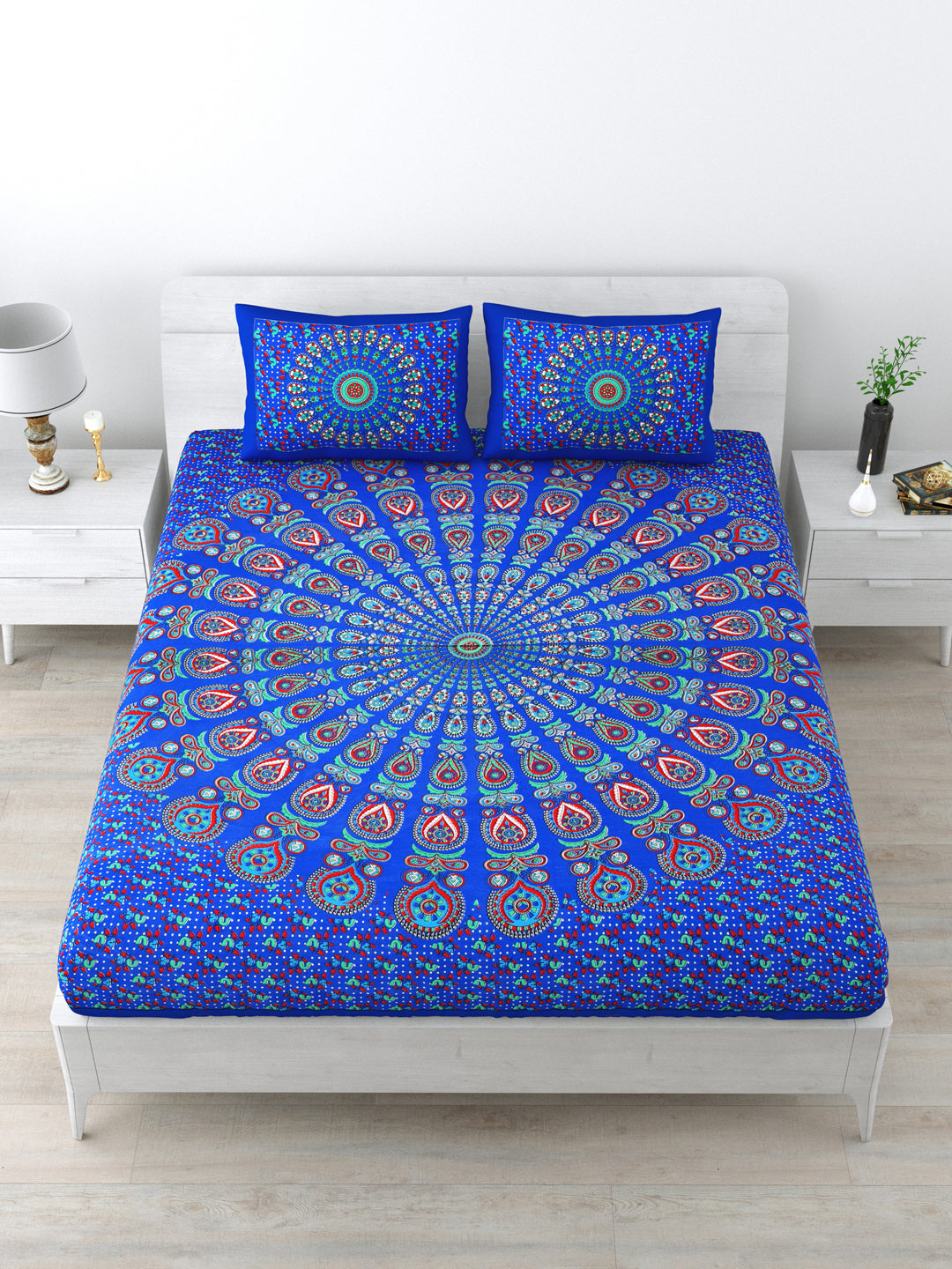 Queen Size Double Bedsheet Pure Cotton Fabric Blue Colour with 2 Pillow Covers