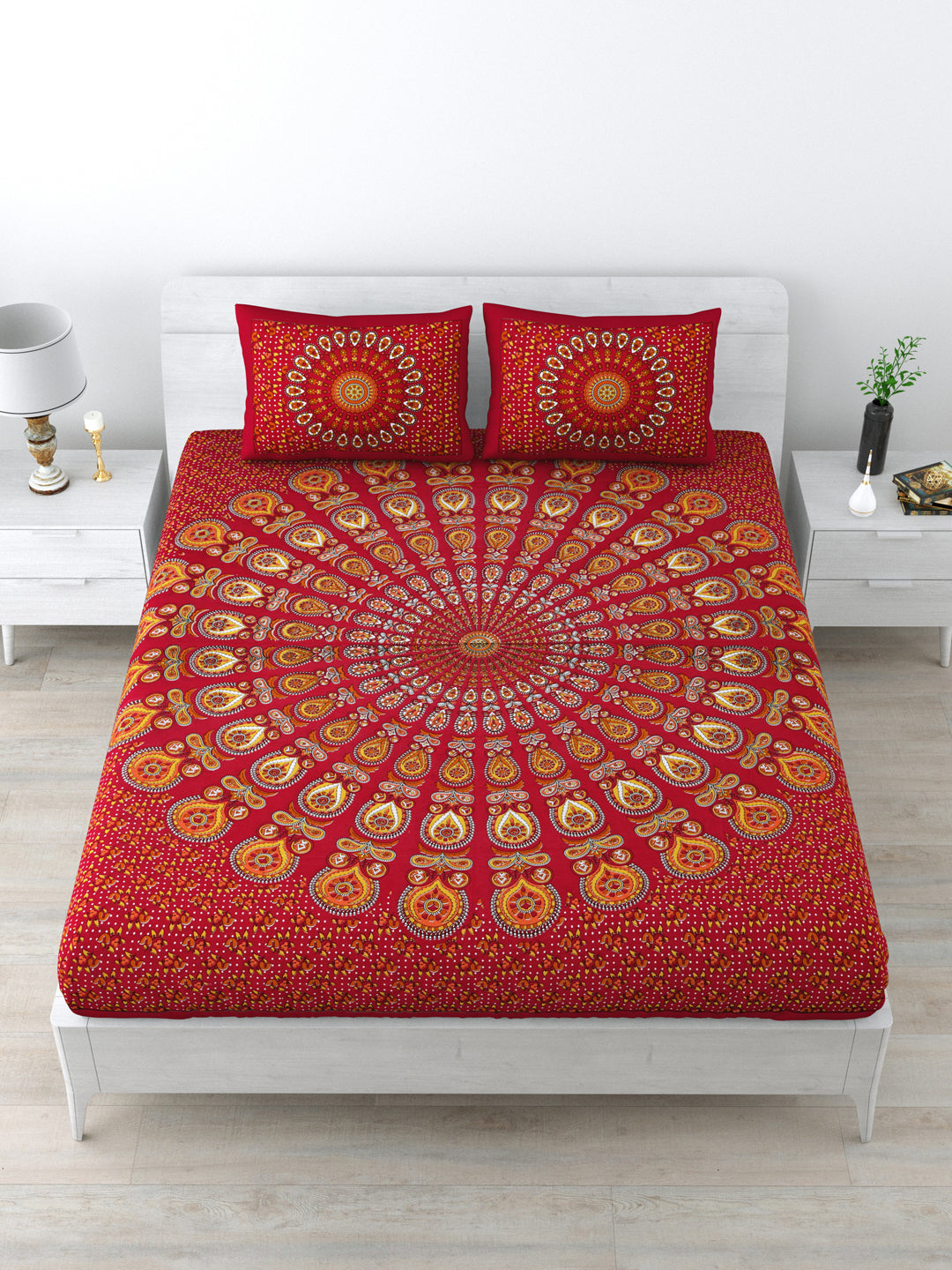 Queen Size Double Bedsheet Pure Cotton Fabric Red Colour with 2 Pillow Covers