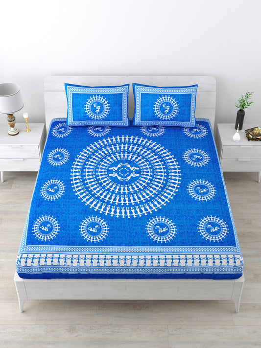 Queen Size Double Bedsheet Pure Cotton Fabric Blue Colour Printed Bedsheet with 2 Pillow Covers