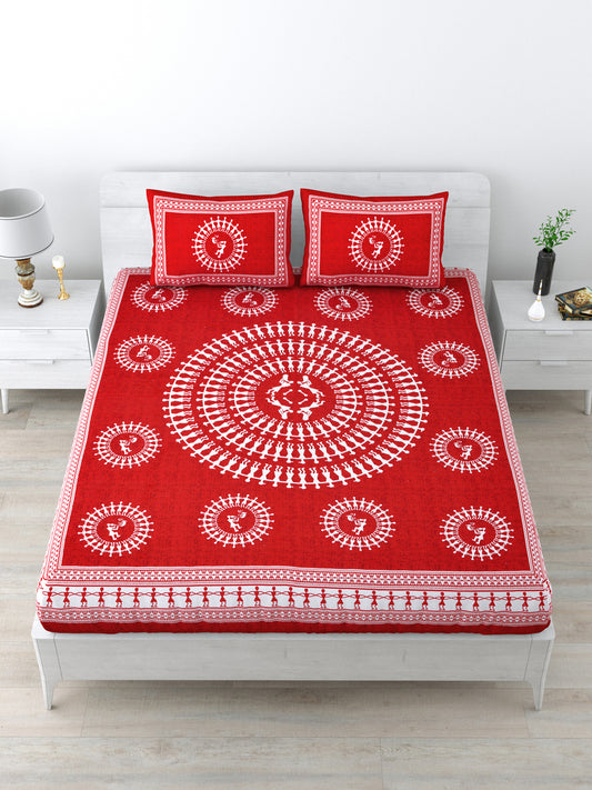 Queen Size Double Bedsheet Pure Cotton Fabric Red Colour Printed Bedsheet with 2 Pillow Covers