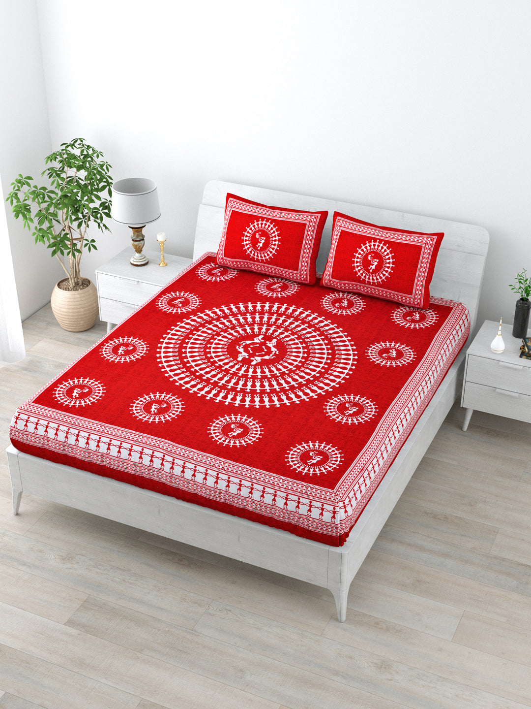 Queen Size Double Bedsheet Pure Cotton Fabric Red Colour Printed Bedsheet with 2 Pillow Covers