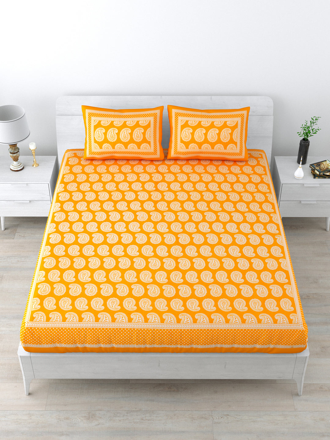 Queen Size Double Bedsheet Pure Cotton Fabric Yellow Colour Printed Bedsheet with 2 Pillow Covers