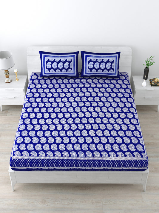 Queen Size Double Bedsheet Pure Cotton Fabric Blue Colour Printed Bedsheet with 2 Pillow Covers