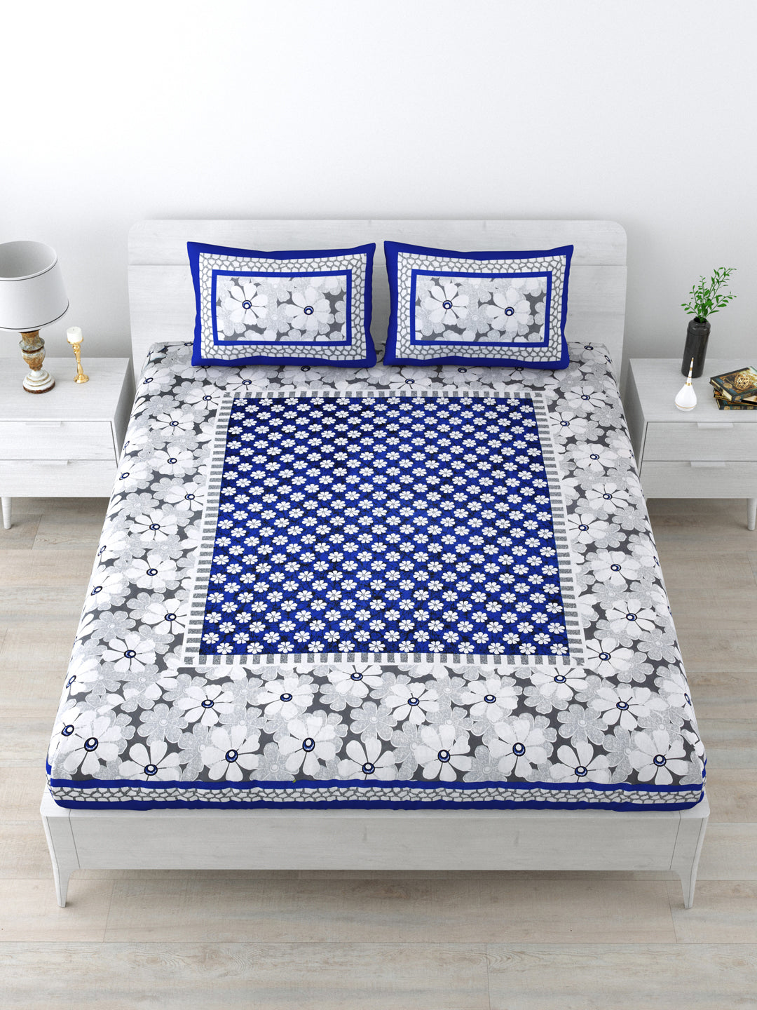 LIVING ROOTS Double Bedsheet  Pure Cotton Fabric Blue Colour Flower Print with 2 Pillow Covers (31-186-B)