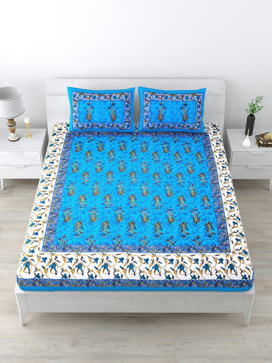 Double Bedsheet Pure Cotton - 1 Bedsheet with 2 Pillow Covers Blue Colour