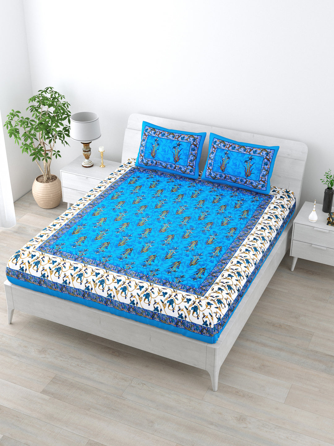 Double Bedsheet Pure Cotton - 1 Bedsheet with 2 Pillow Covers Blue Colour