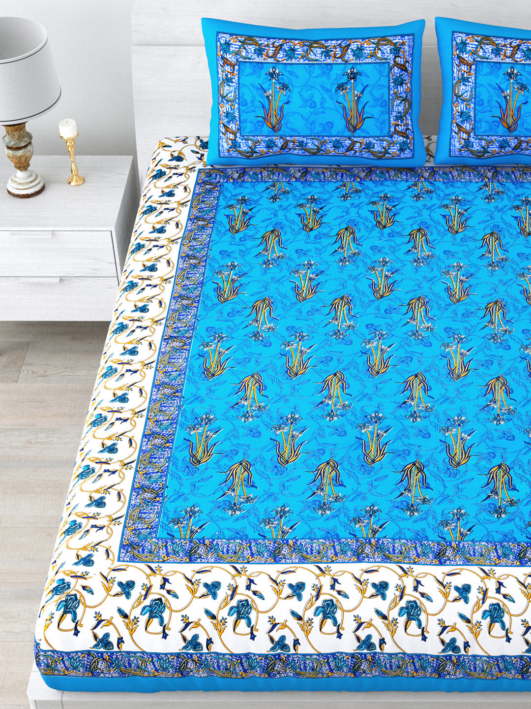 LIVING ROOTS Double Bedsheet Pure Cotton - 1 Bedsheet with 2 Pillow Covers Blue Colour (31-190-A)