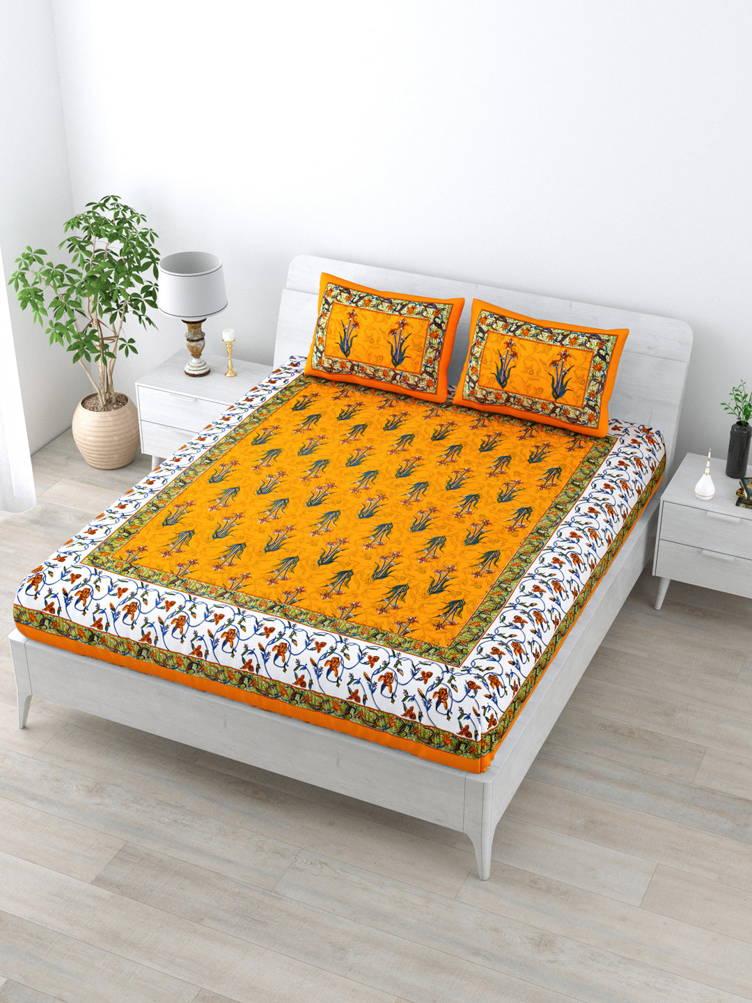 Double Bedsheet Pure Cotton - 1 Bedsheet with 2 Pillow Covers Yellow Colour