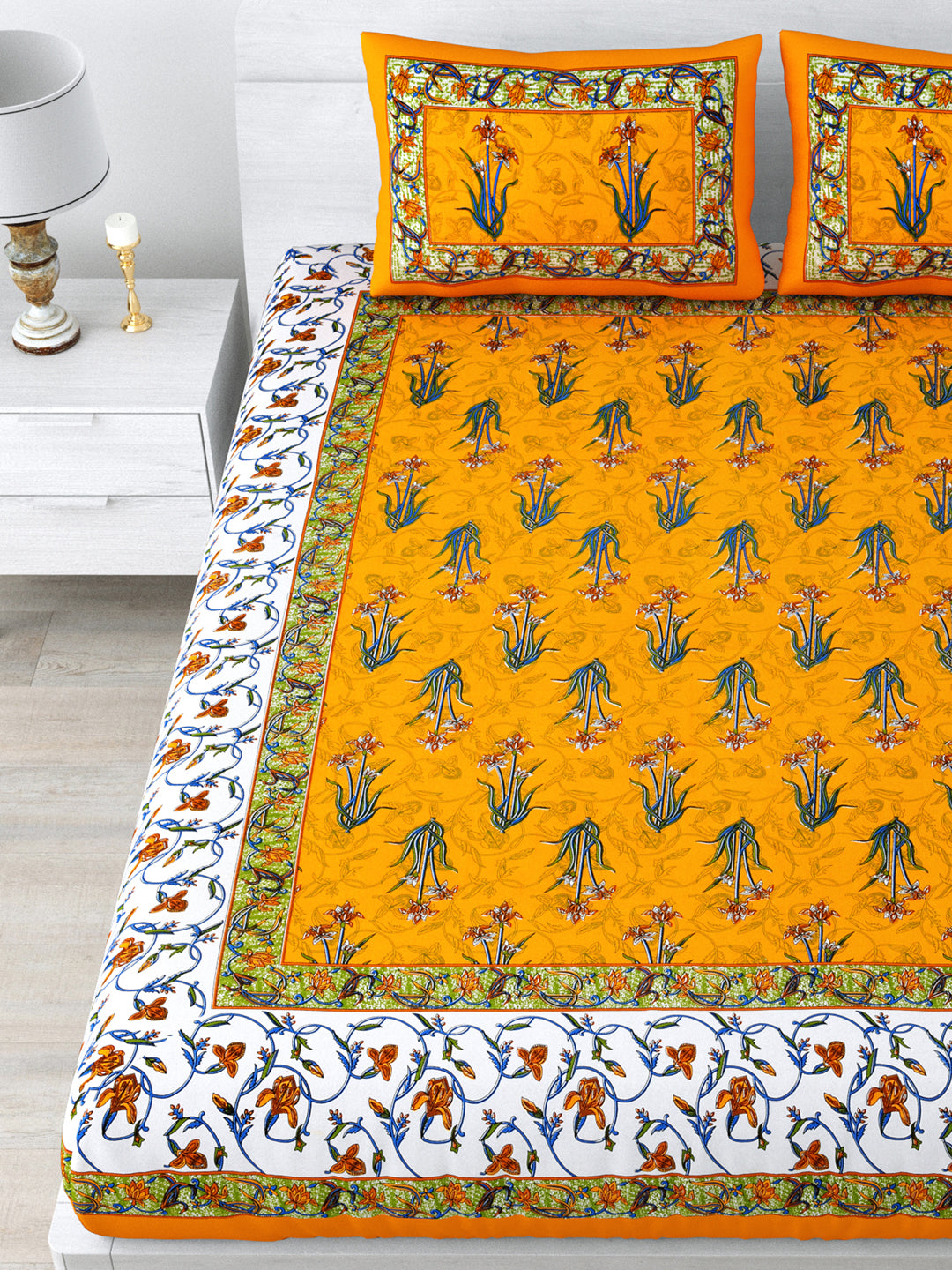 Double Bedsheet Pure Cotton - 1 Bedsheet with 2 Pillow Covers Yellow Colour